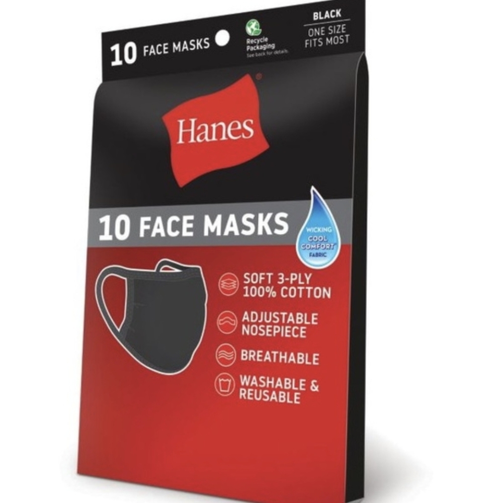 HANES BLACK COTTON FACE MASKS 4 Pk (40 masks total).